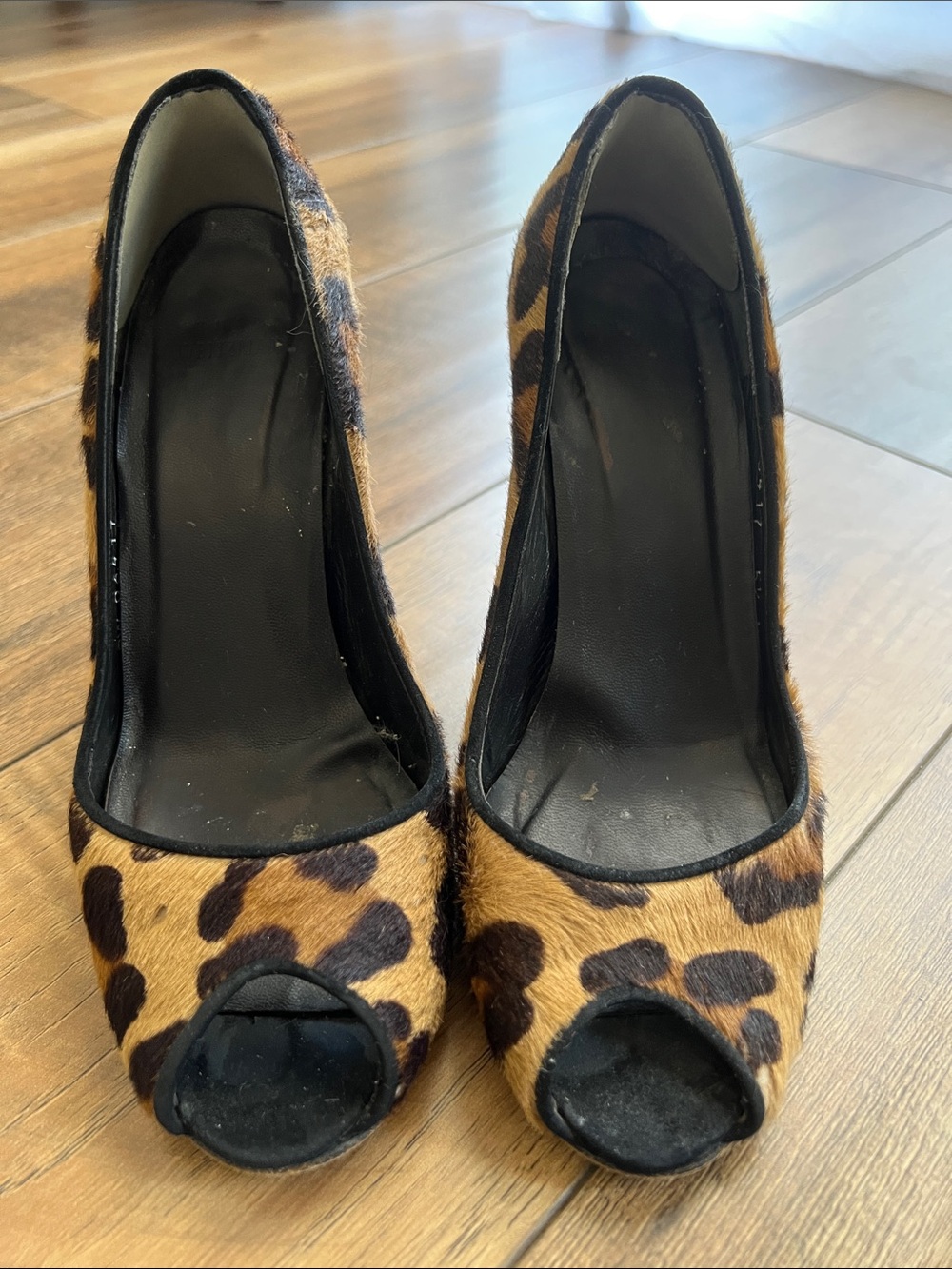 Stuart Weitzman Leopard Print Peep-Toe Pumps in Brown and Black